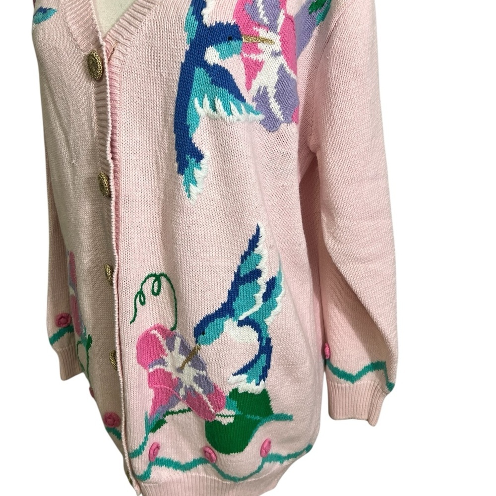 Vtg Storybook Knits  Women’s Large Cardigan Hummingbirds Flowers Cottagecore 90s - Picture 3 of 9